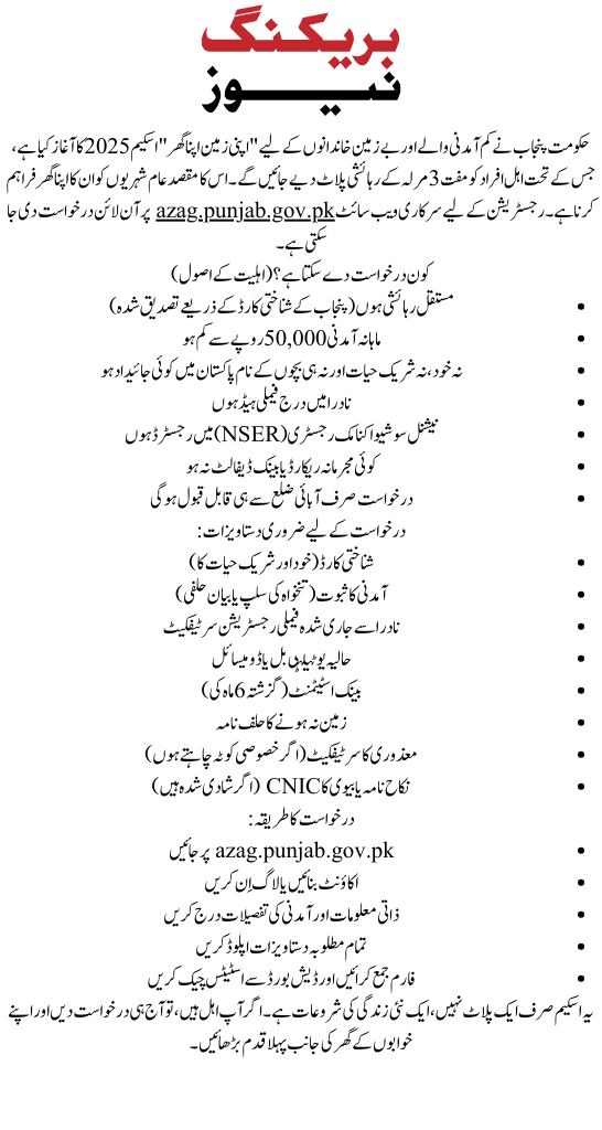Apni Zameen Apna Ghar Scheme 2025 – Eligibility and Documents Guide via azag.punjab.gov.pk